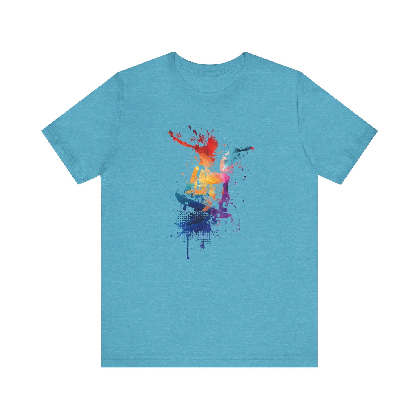 Skateboard Splash Tee — Colorful Watercolor Skateboarder Graphic T‑Shirt