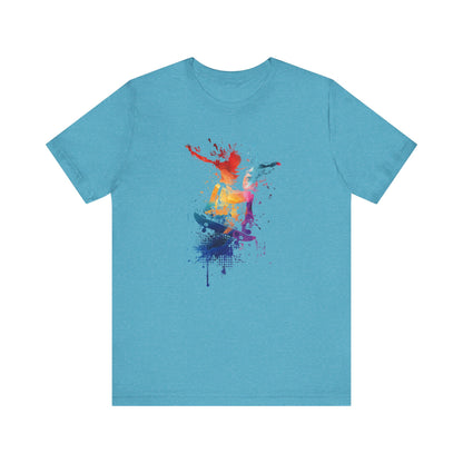 Skateboard Splash Tee — Colorful Watercolor Skateboarder Graphic T‑Shirt