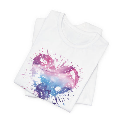 Watercolor Splatter Heart T‑Shirt — Galaxy Pink & Blue Drip Tee