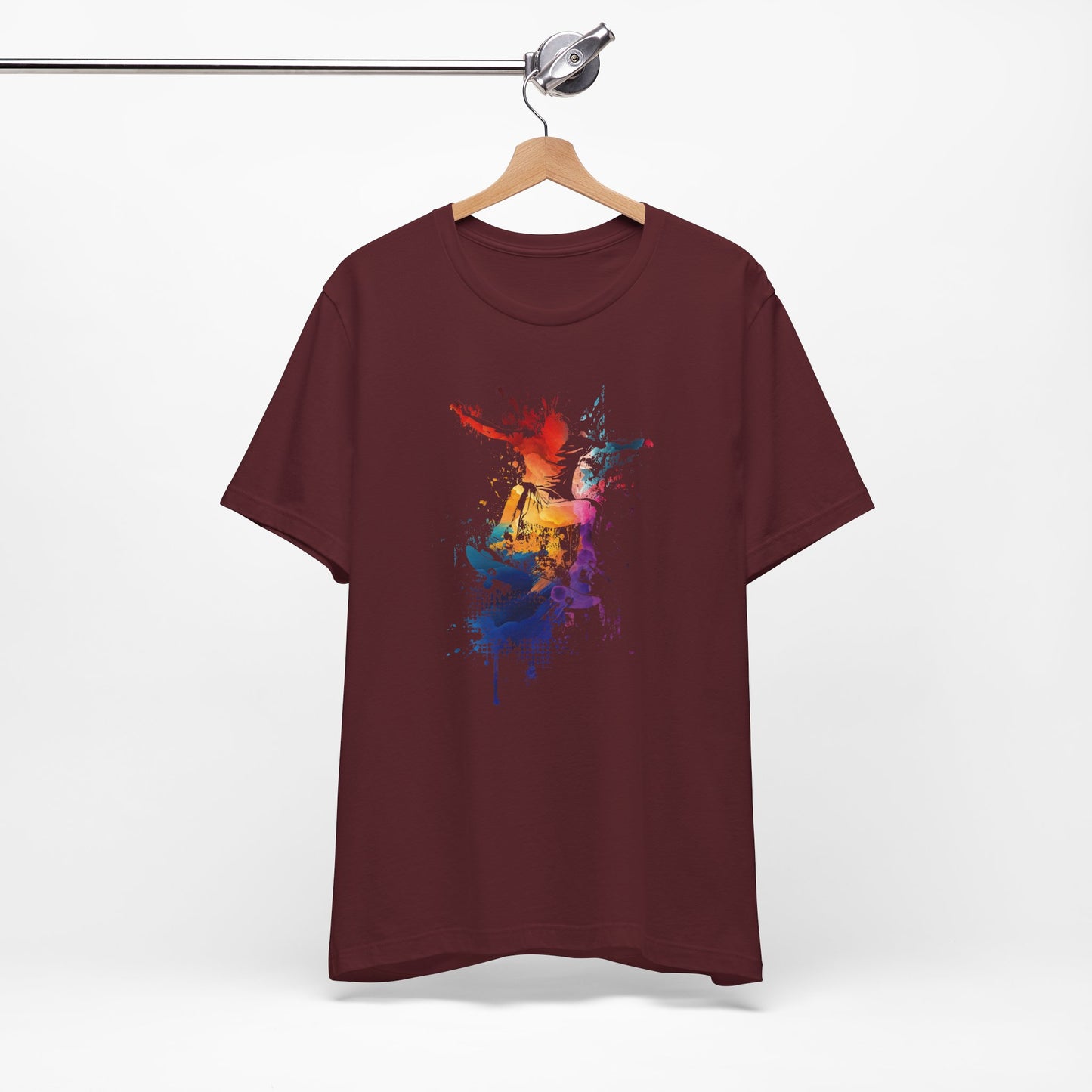 Skateboard Splash Tee — Colorful Watercolor Skateboarder Graphic T‑Shirt