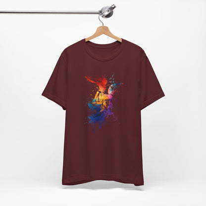 Skateboard Splash Tee — Colorful Watercolor Skateboarder Graphic T‑Shirt