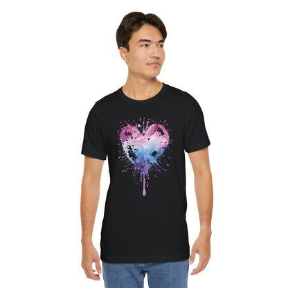 Watercolor Splatter Heart T‑Shirt — Galaxy Pink & Blue Drip Tee