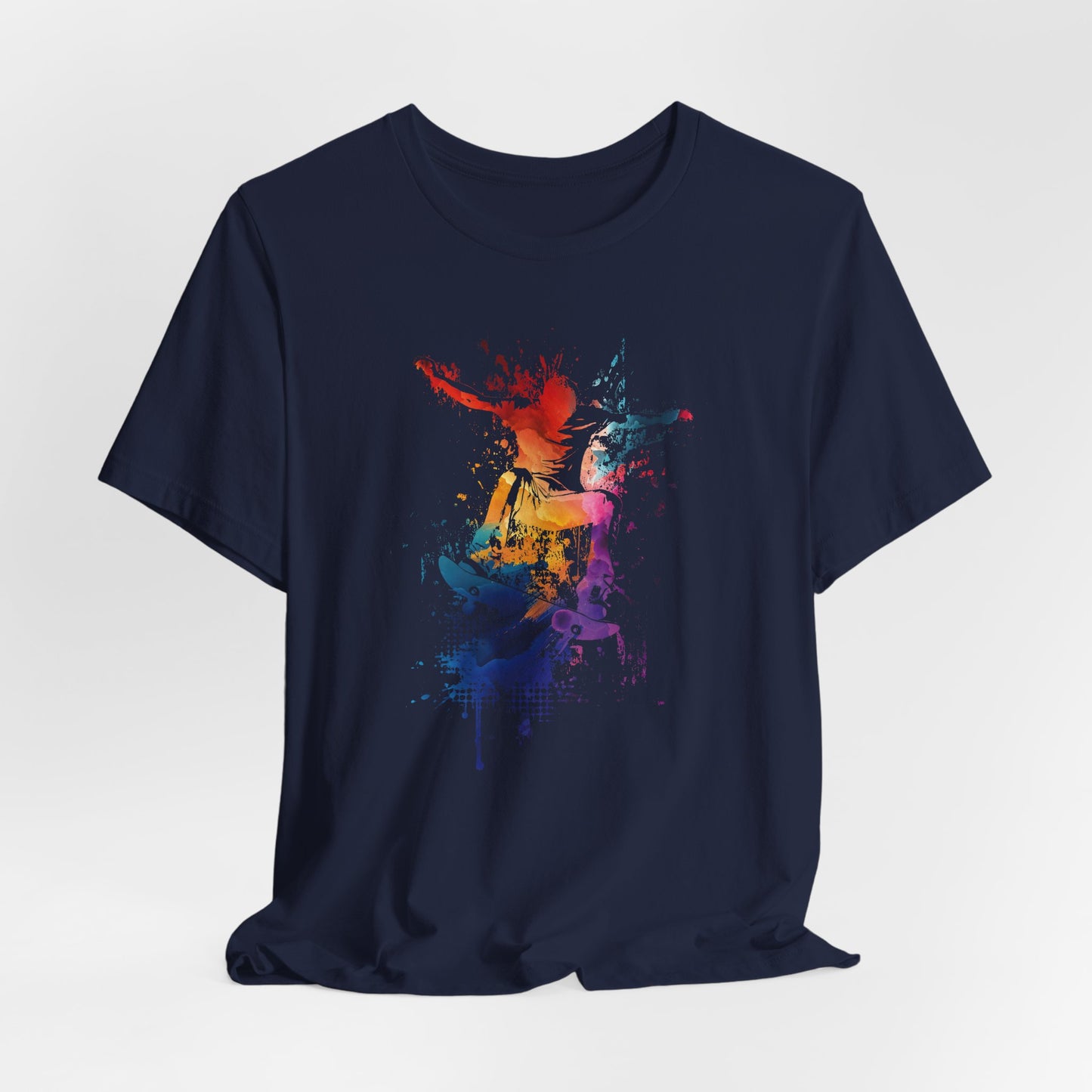 Skateboard Splash Tee — Colorful Watercolor Skateboarder Graphic T‑Shirt