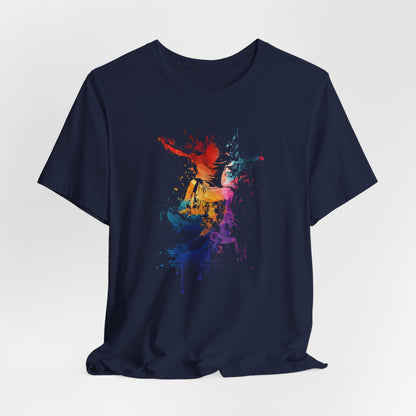 Skateboard Splash Tee — Colorful Watercolor Skateboarder Graphic T‑Shirt