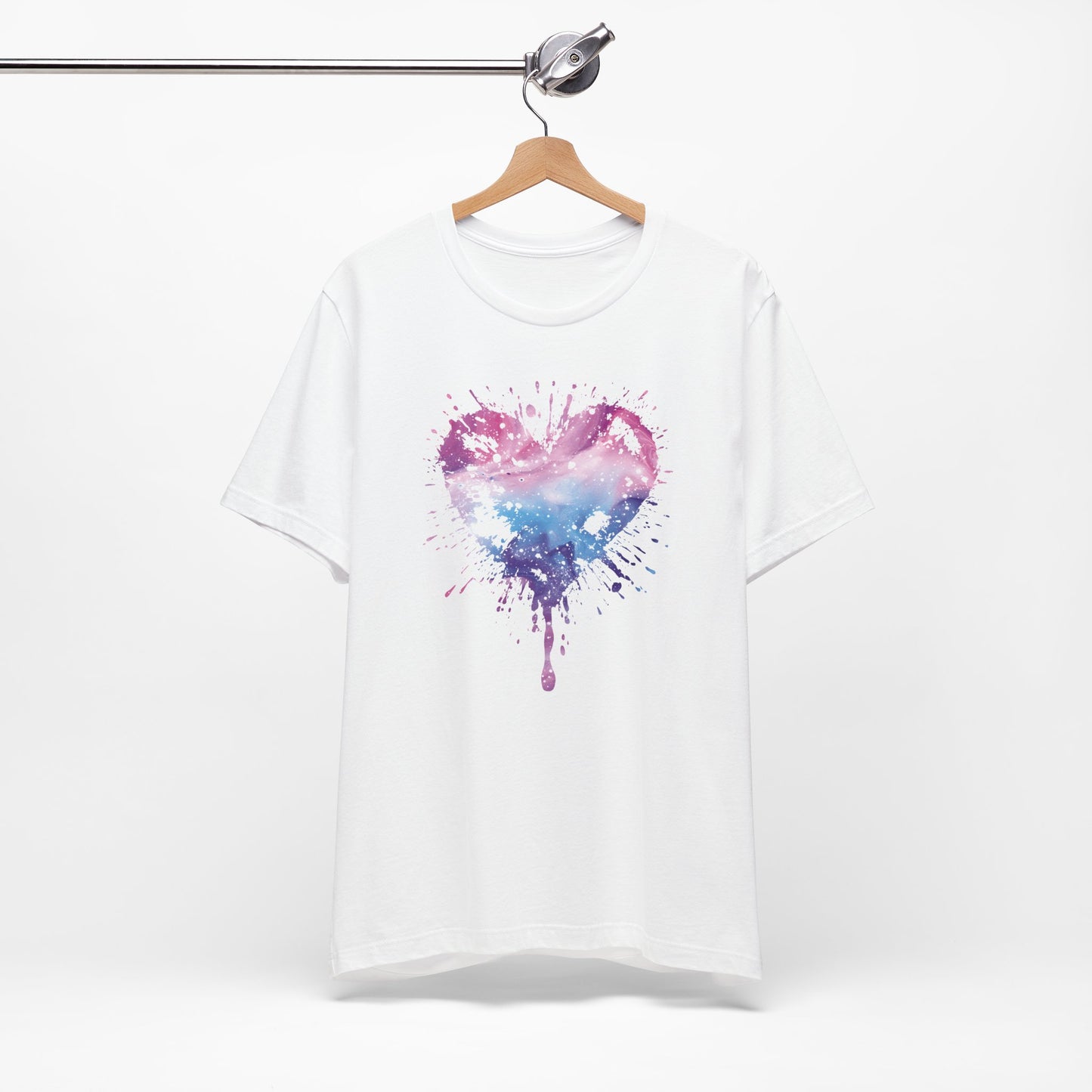 Watercolor Splatter Heart T‑Shirt — Galaxy Pink & Blue Drip Tee