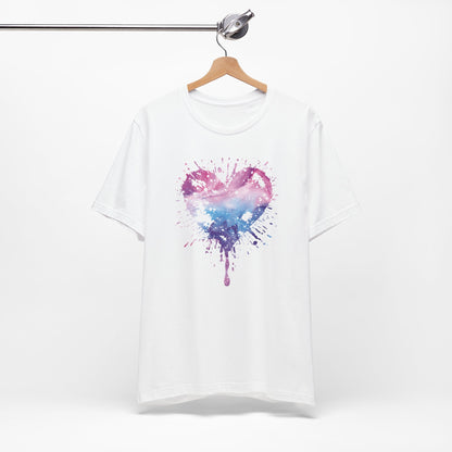 Watercolor Splatter Heart T‑Shirt — Galaxy Pink & Blue Drip Tee