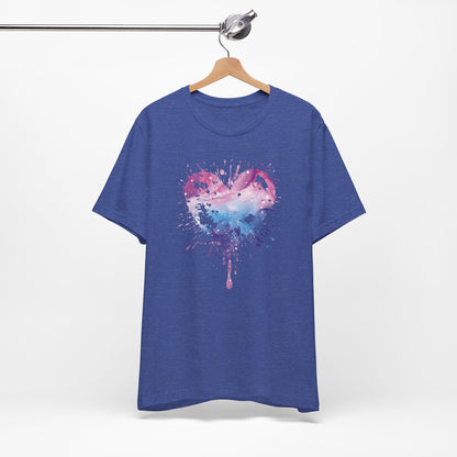Watercolor Splatter Heart T‑Shirt — Galaxy Pink & Blue Drip Tee