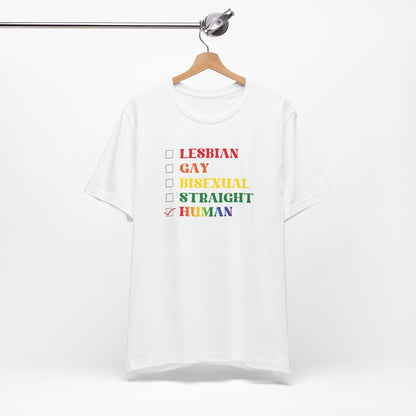 Human Checkbox Pride T-Shirt — "Human" Rainbow Equality Tee