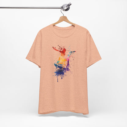 Skateboard Splash Tee — Colorful Watercolor Skateboarder Graphic T‑Shirt