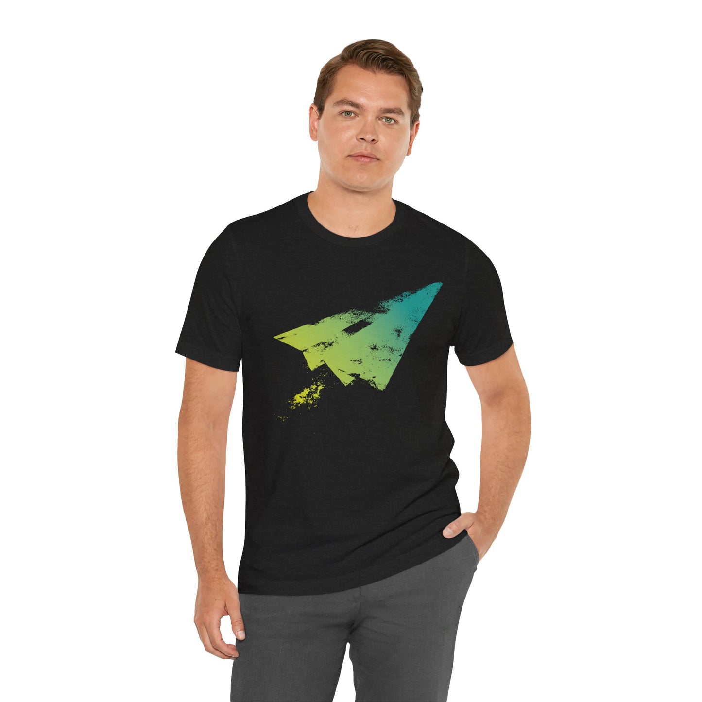 Paper Airplane Graphic Tee — Green Gradient Flight T‑Shirt