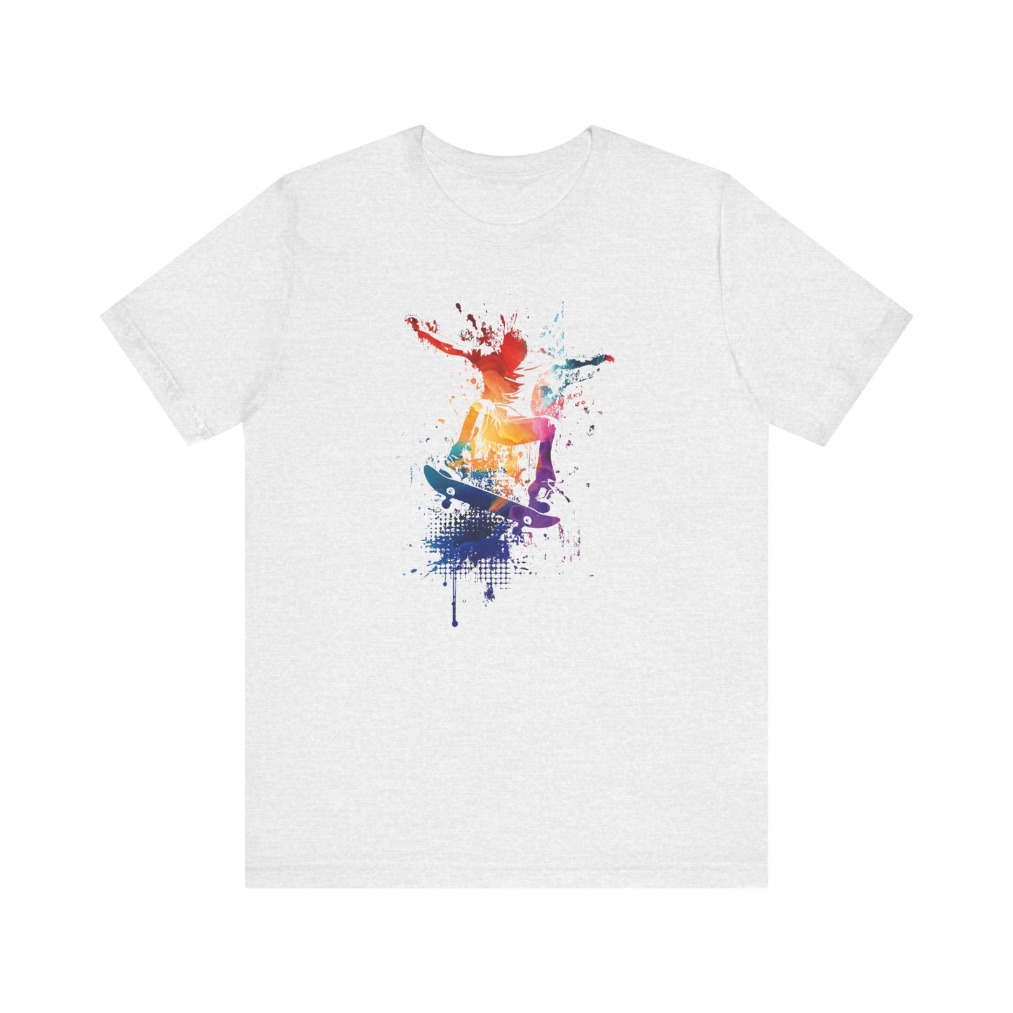 Skateboard Splash Tee — Colorful Watercolor Skateboarder Graphic T‑Shirt