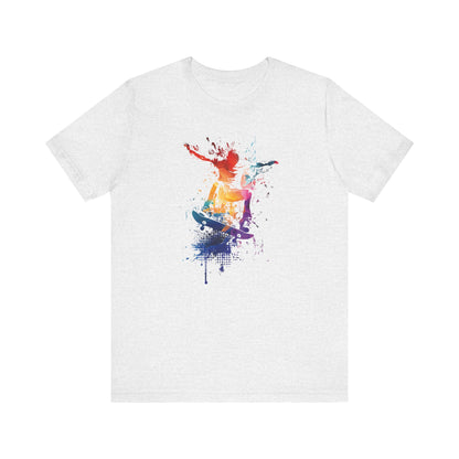 Skateboard Splash Tee — Colorful Watercolor Skateboarder Graphic T‑Shirt