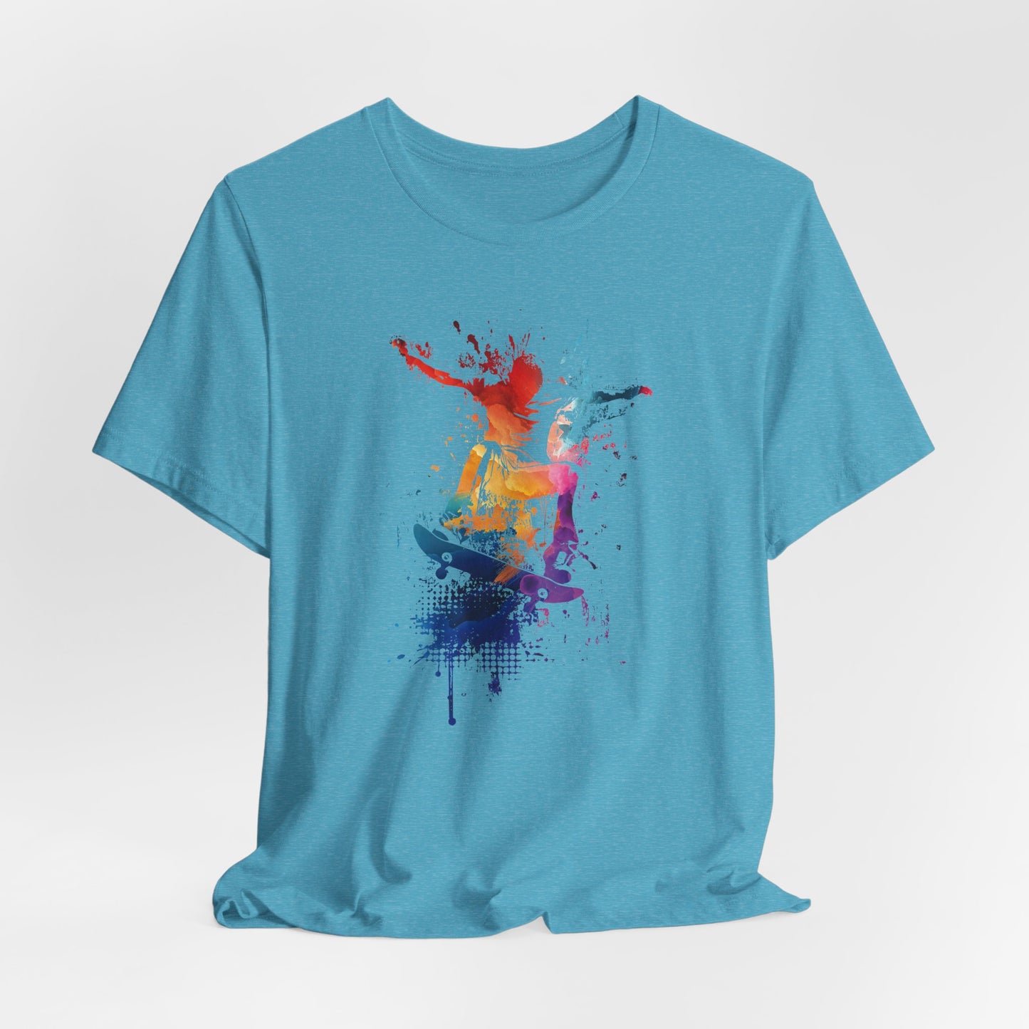 Skateboard Splash Tee — Colorful Watercolor Skateboarder Graphic T‑Shirt
