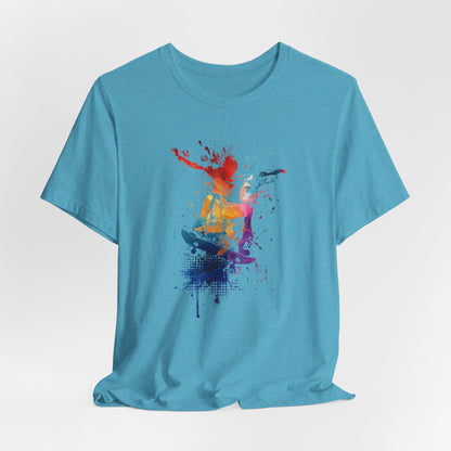 Skateboard Splash Tee — Colorful Watercolor Skateboarder Graphic T‑Shirt
