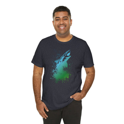 Great White Graphic Tee — Blue & Green Watercolor Shark T‑Shirt