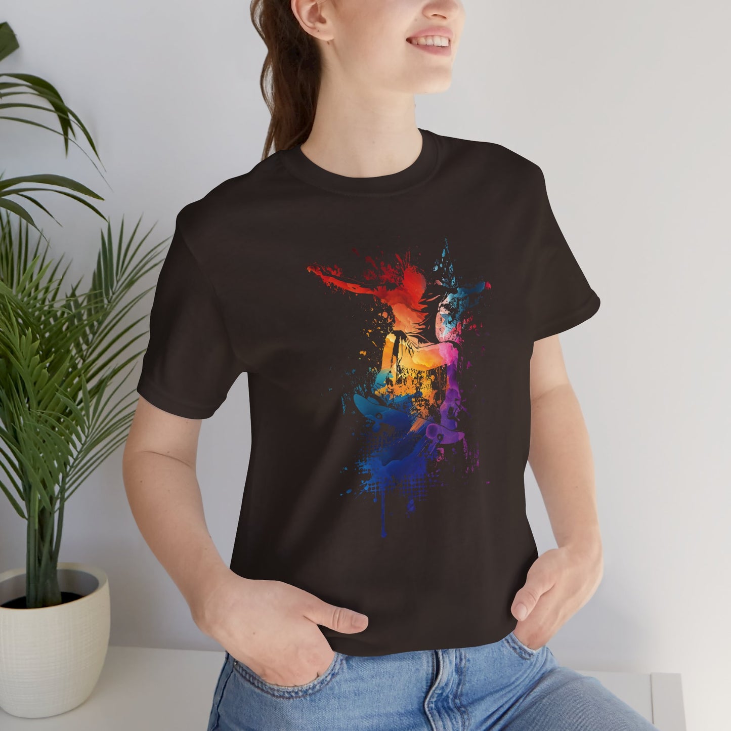 Skateboard Splash Tee — Colorful Watercolor Skateboarder Graphic T‑Shirt