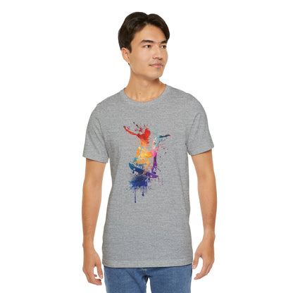 Skateboard Splash Tee — Colorful Watercolor Skateboarder Graphic T‑Shirt