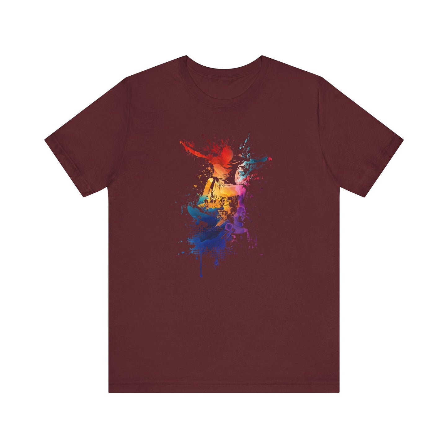 Skateboard Splash Tee — Colorful Watercolor Skateboarder Graphic T‑Shirt