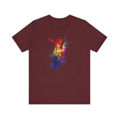 Skateboard Splash Tee — Colorful Watercolor Skateboarder Graphic T‑Shirt