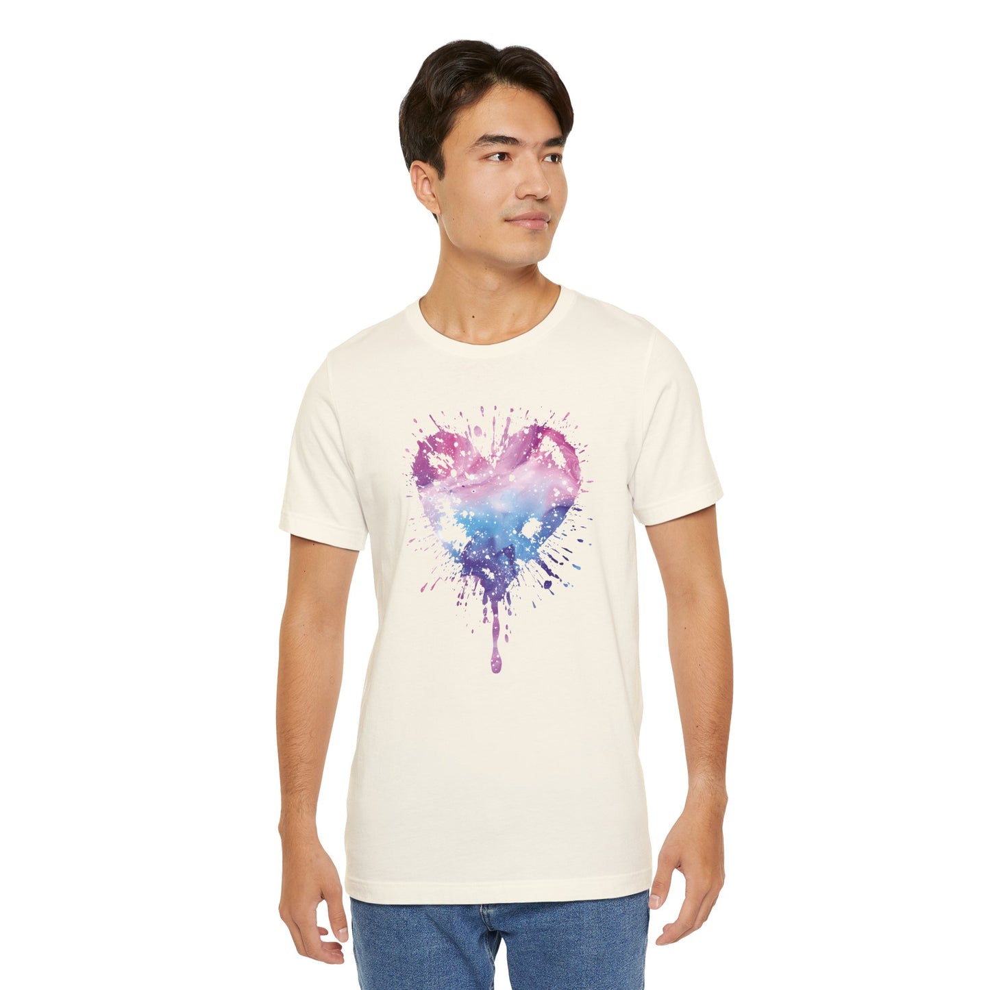 Watercolor Splatter Heart T‑Shirt — Galaxy Pink & Blue Drip Tee