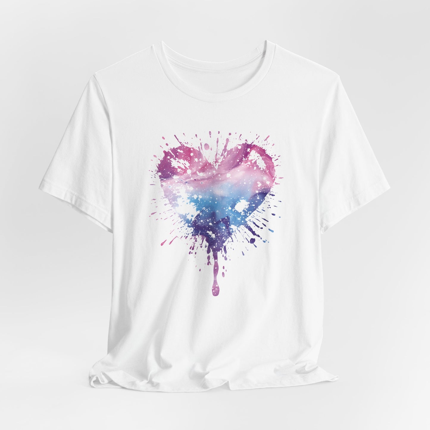 Watercolor Splatter Heart T‑Shirt — Galaxy Pink & Blue Drip Tee
