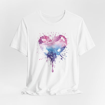 Watercolor Splatter Heart T‑Shirt — Galaxy Pink & Blue Drip Tee