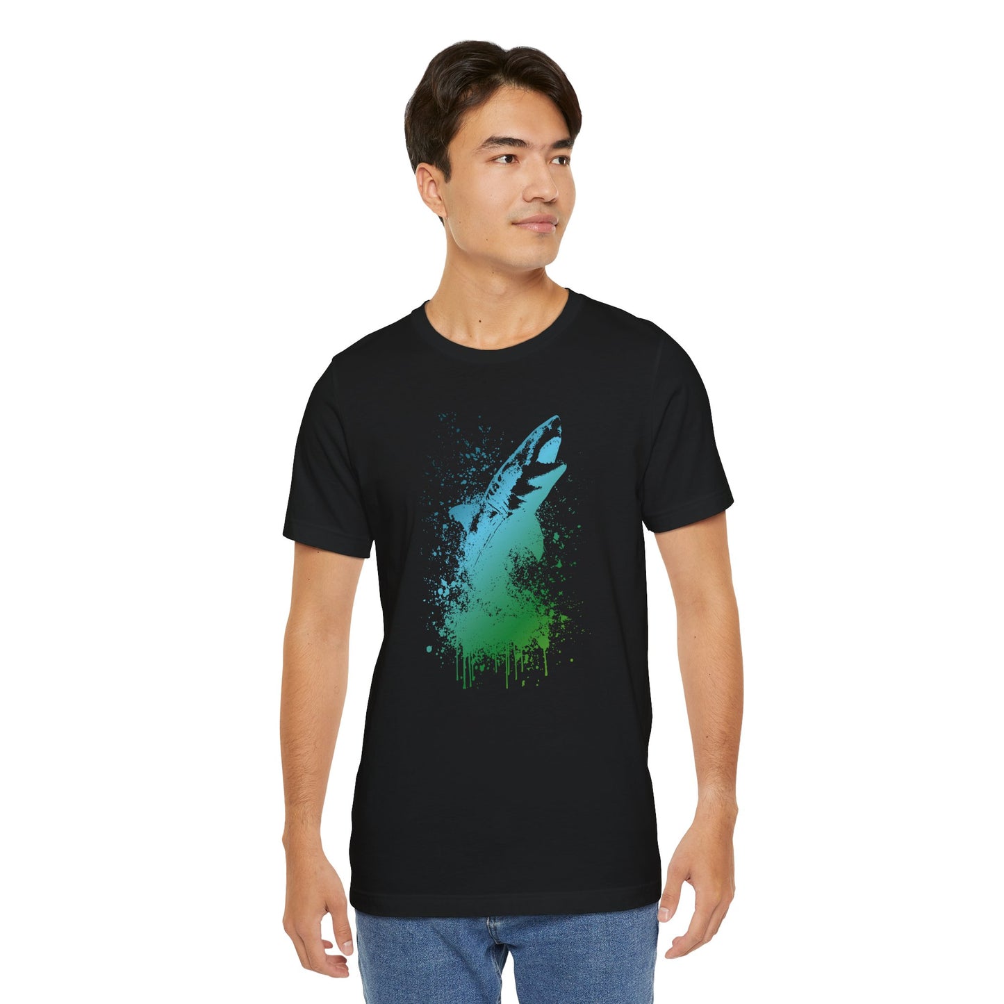 Great White Graphic Tee — Blue & Green Watercolor Shark T‑Shirt