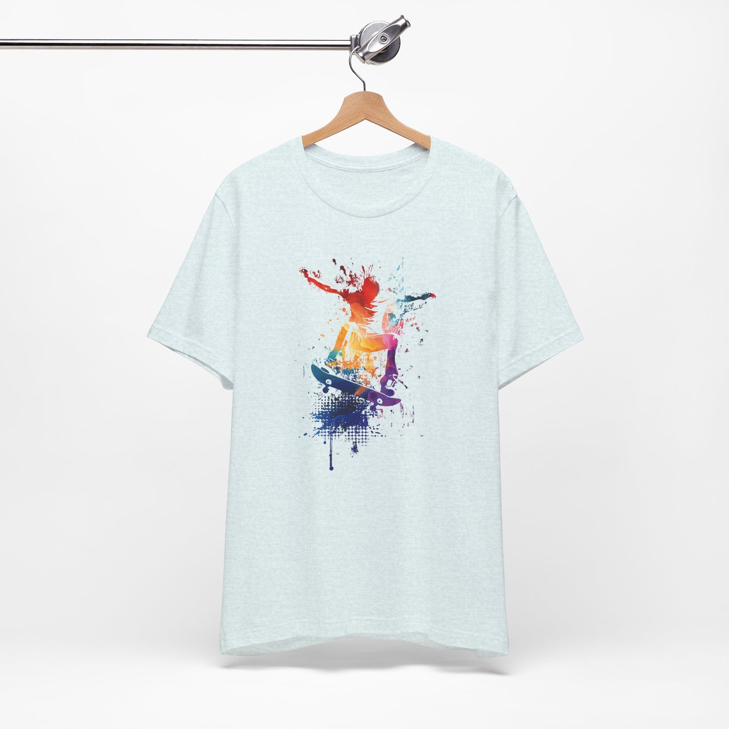 Skateboard Splash Tee — Colorful Watercolor Skateboarder Graphic T‑Shirt