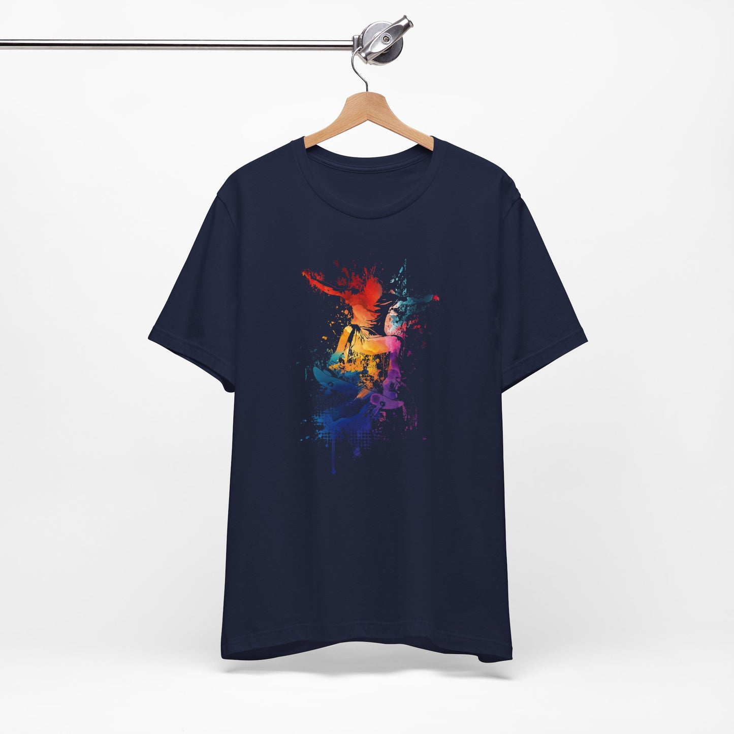 Skateboard Splash Tee — Colorful Watercolor Skateboarder Graphic T‑Shirt