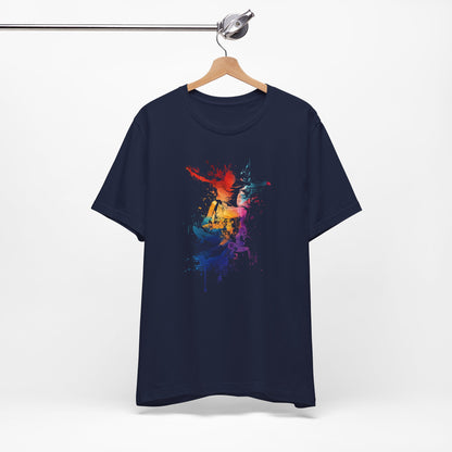 Skateboard Splash Tee — Colorful Watercolor Skateboarder Graphic T‑Shirt