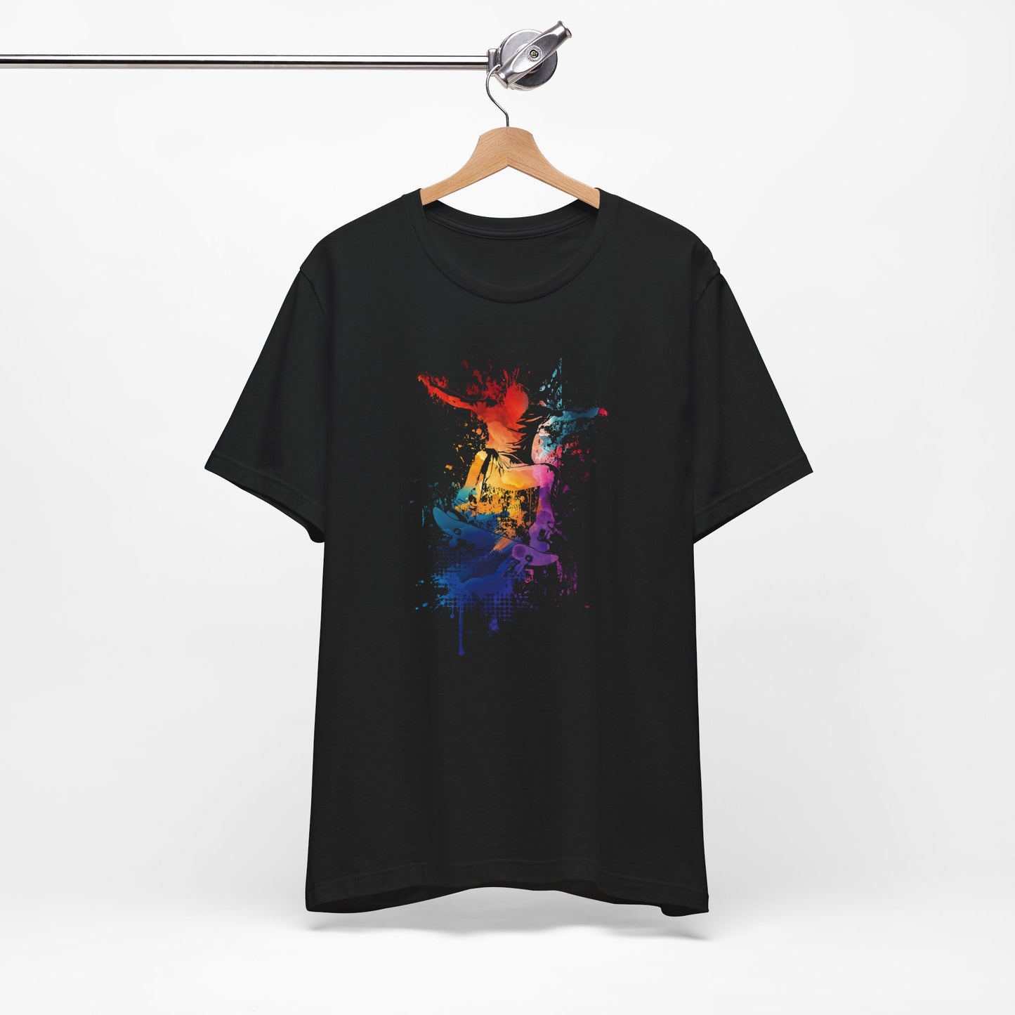 Skateboard Splash Tee — Colorful Watercolor Skateboarder Graphic T‑Shirt