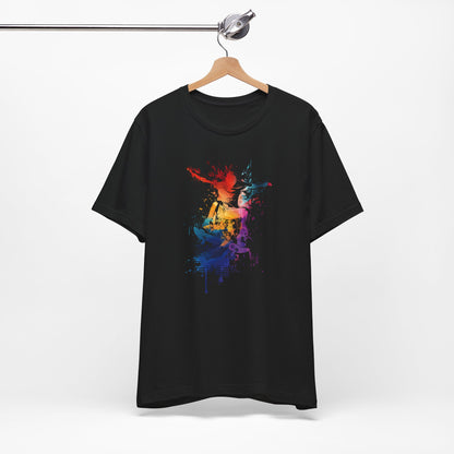 Skateboard Splash Tee — Colorful Watercolor Skateboarder Graphic T‑Shirt