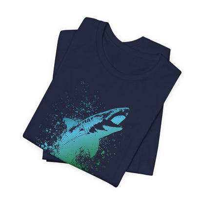 Great White Graphic Tee — Blue & Green Watercolor Shark T‑Shirt