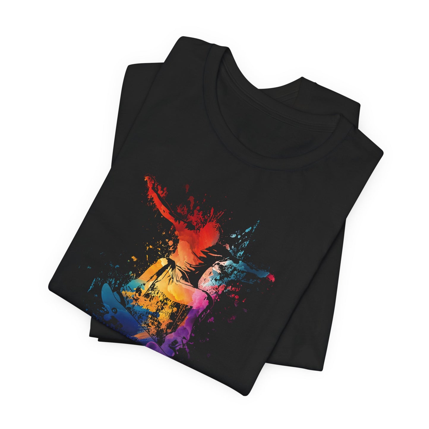 Skateboard Splash Tee — Colorful Watercolor Skateboarder Graphic T‑Shirt