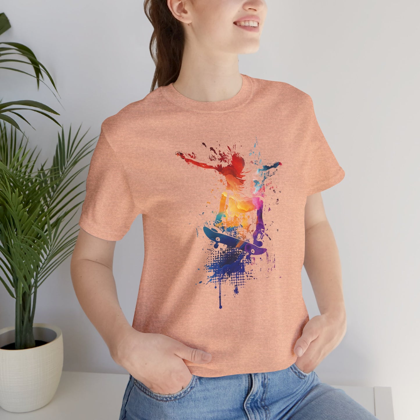 Skateboard Splash Tee — Colorful Watercolor Skateboarder Graphic T‑Shirt