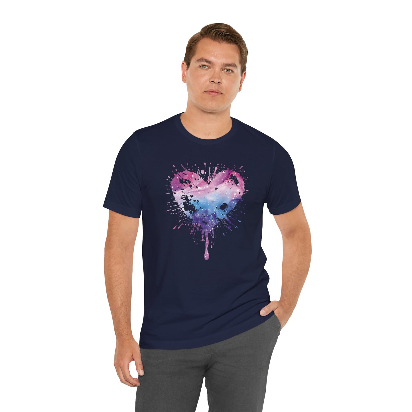 Watercolor Splatter Heart T‑Shirt — Galaxy Pink & Blue Drip Tee