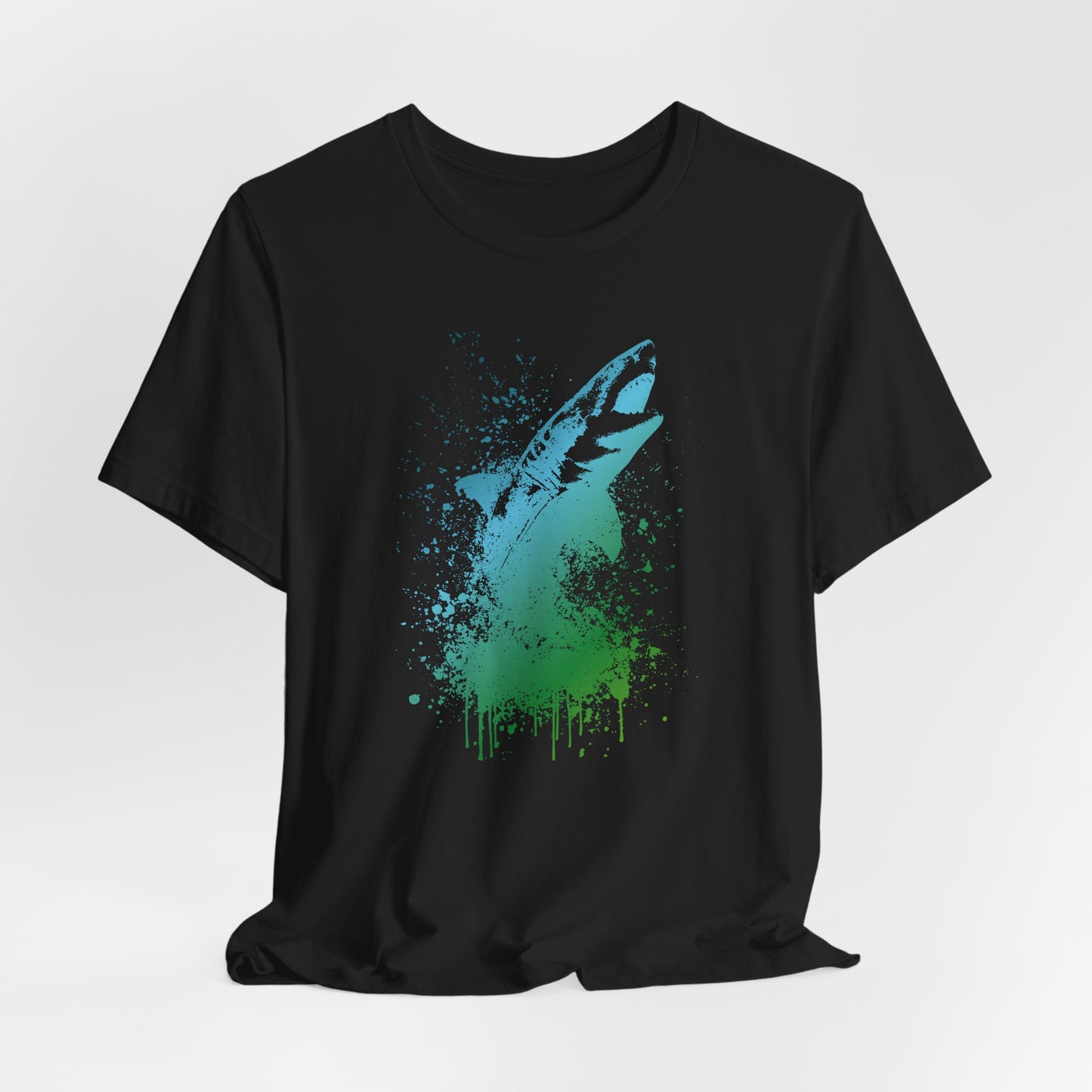 Great White Graphic Tee — Blue & Green Watercolor Shark T‑Shirt