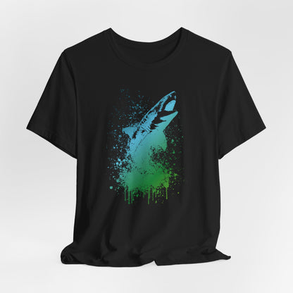 Great White Graphic Tee — Blue & Green Watercolor Shark T‑Shirt
