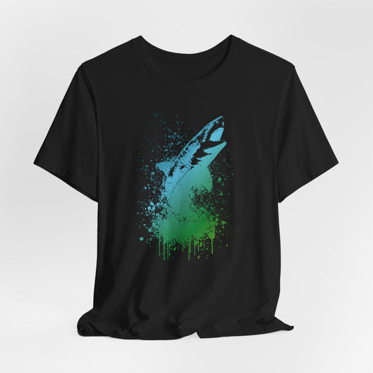 Great White Graphic Tee — Blue & Green Watercolor Shark T‑Shirt