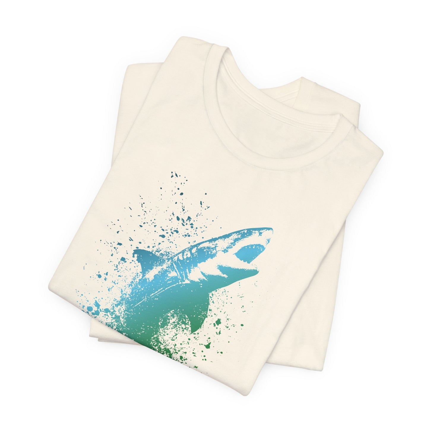 Great White Graphic Tee — Blue & Green Watercolor Shark T‑Shirt