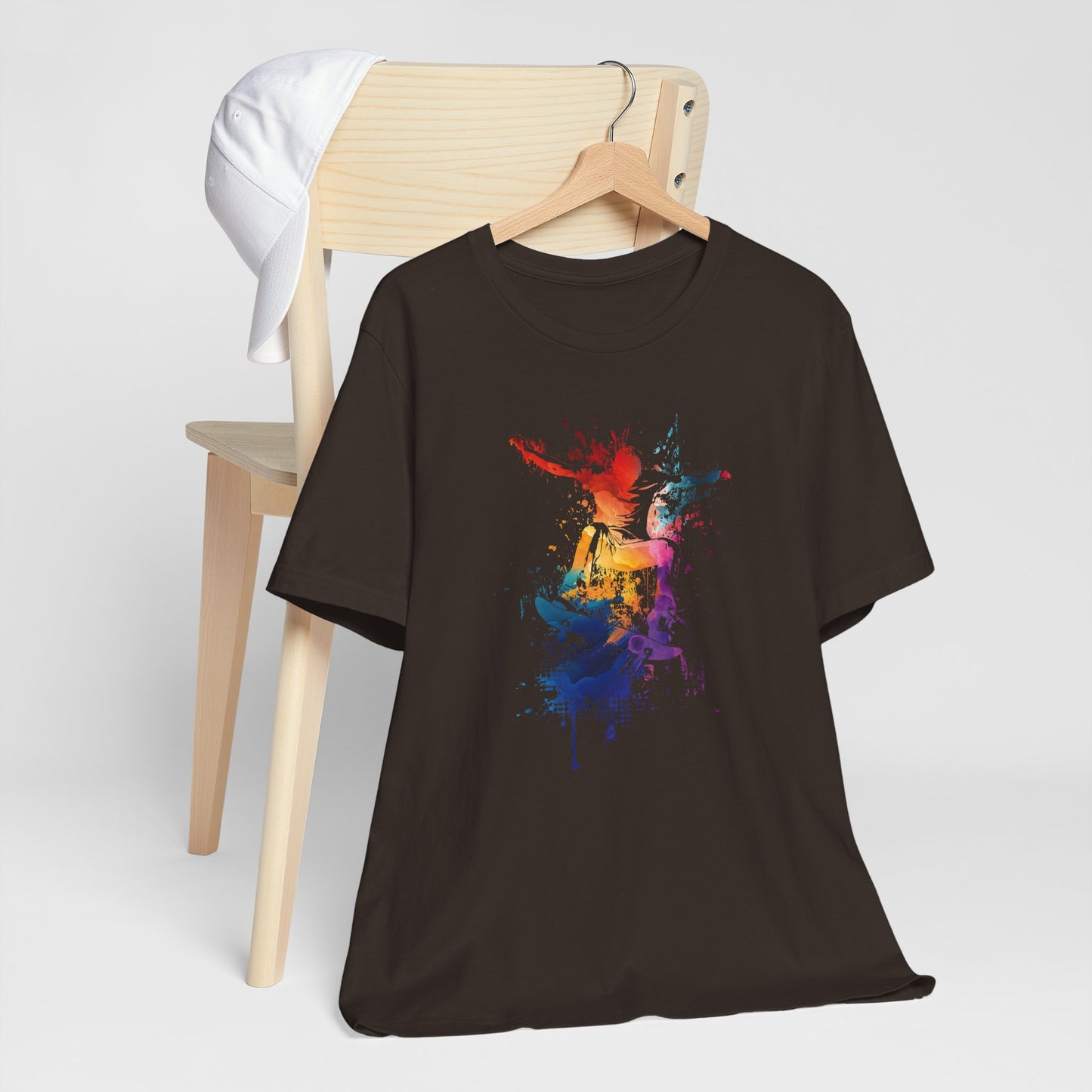 Skateboard Splash Tee — Colorful Watercolor Skateboarder Graphic T‑Shirt