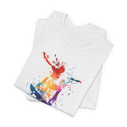 Skateboard Splash Tee — Colorful Watercolor Skateboarder Graphic T‑Shirt