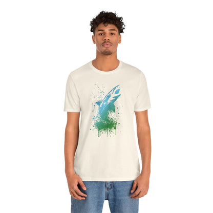 Great White Graphic Tee — Blue & Green Watercolor Shark T‑Shirt