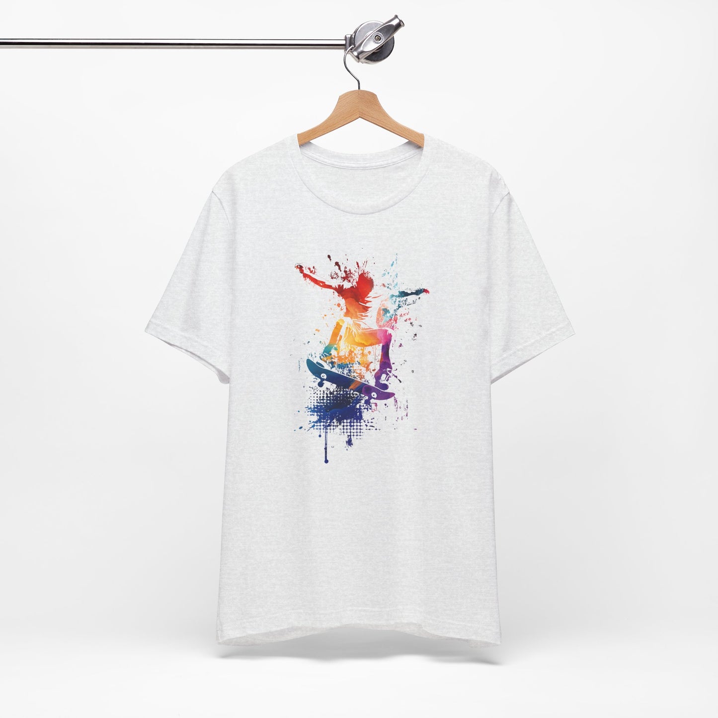 Skateboard Splash Tee — Colorful Watercolor Skateboarder Graphic T‑Shirt