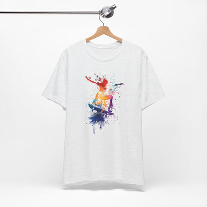 Skateboard Splash Tee — Colorful Watercolor Skateboarder Graphic T‑Shirt