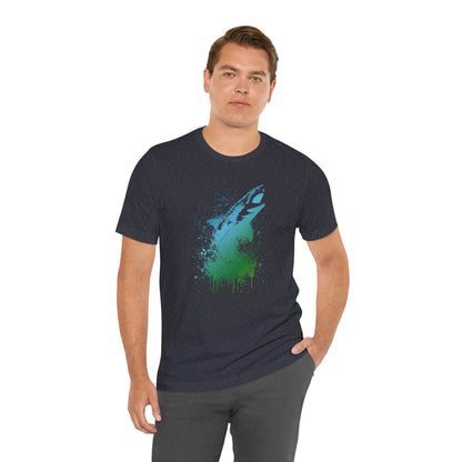 Great White Graphic Tee — Blue & Green Watercolor Shark T‑Shirt