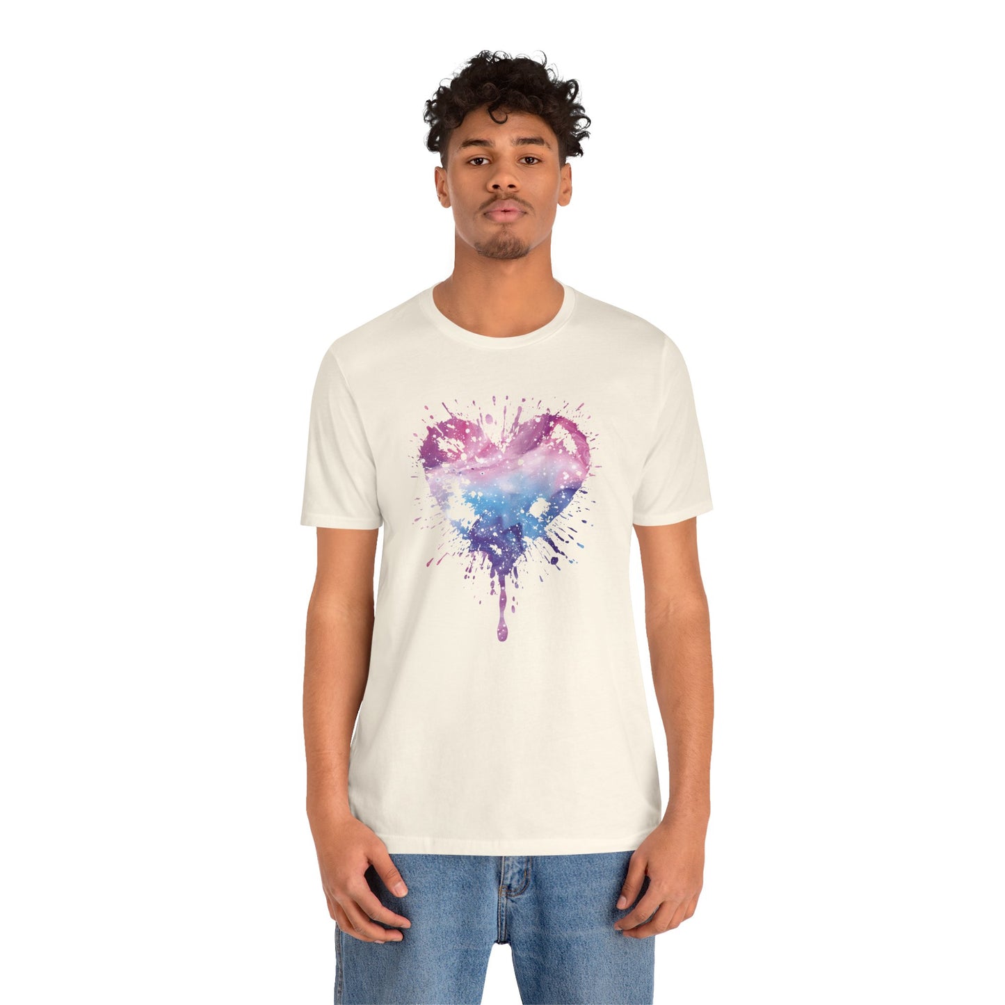 Watercolor Splatter Heart T‑Shirt — Galaxy Pink & Blue Drip Tee