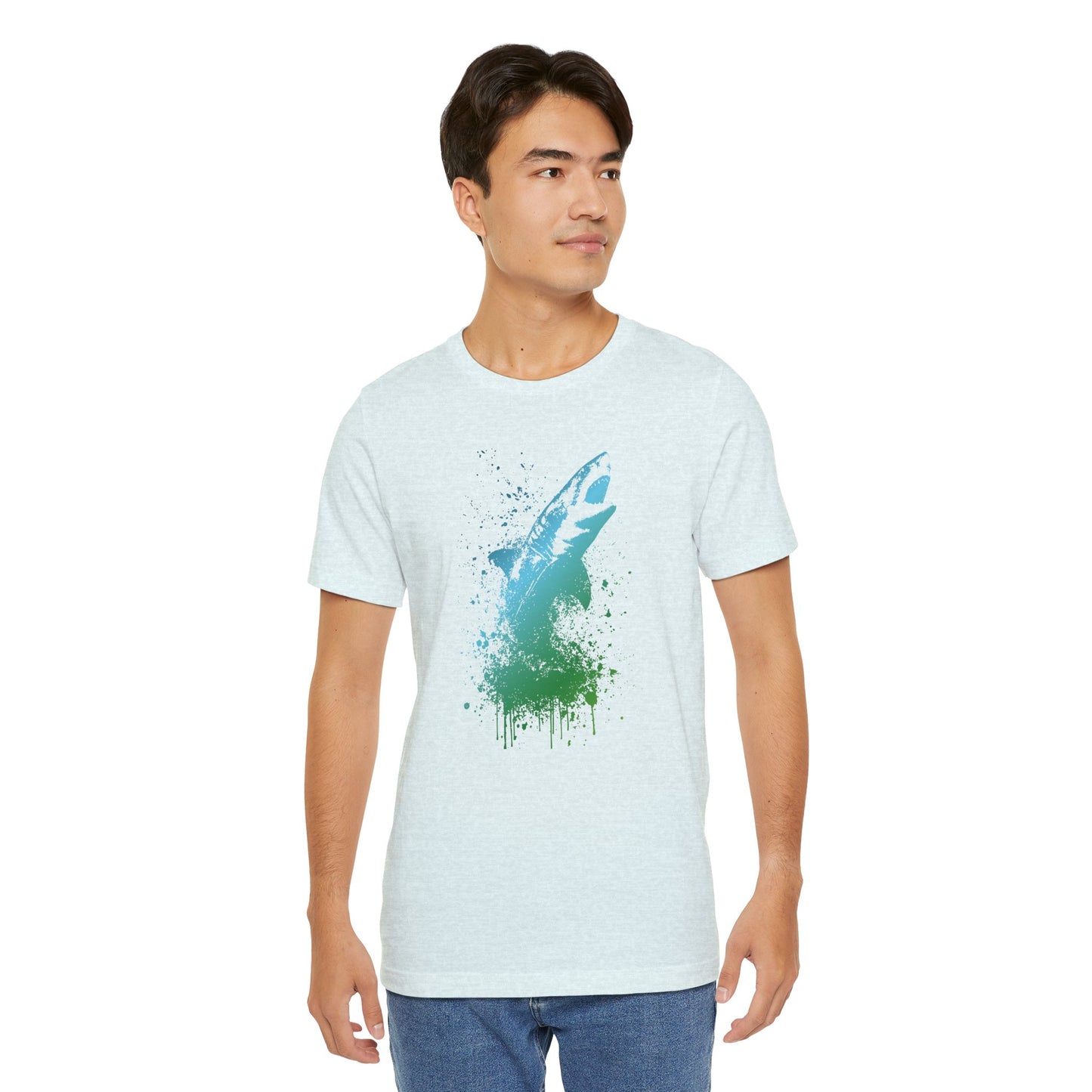 Great White Graphic Tee — Blue & Green Watercolor Shark T‑Shirt