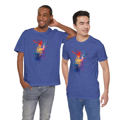 Skateboard Splash Tee — Colorful Watercolor Skateboarder Graphic T‑Shirt
