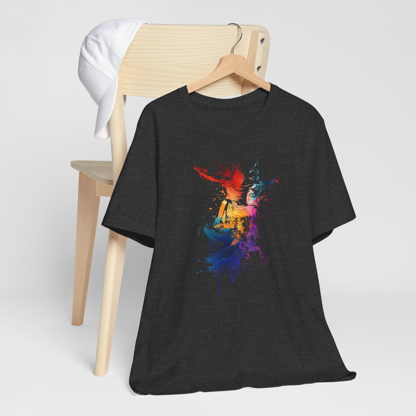 Skateboard Splash Tee — Colorful Watercolor Skateboarder Graphic T‑Shirt